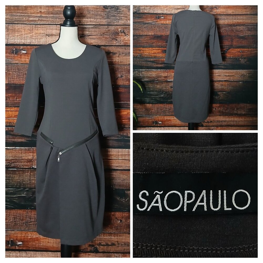 Sao Paulo Sheath Dress Size 34 US 2 Gray Ponte Drop Waist Zipper Accents Dutch